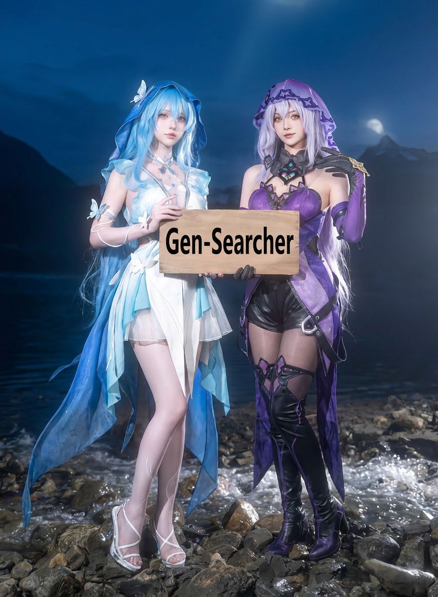 A gorgeous, realistic live-action cosplay photography shot of Shorekeeper from the game Wuthering Waves and Black Swan from the game Honkai: Star Rail. The aesthetic is strictly real human cosplay with high-end costumes and cinematic lighting. They are holding a prominent, normal-sized sign with the exact text 'Gen-Searcher' written in crisp, large letters.