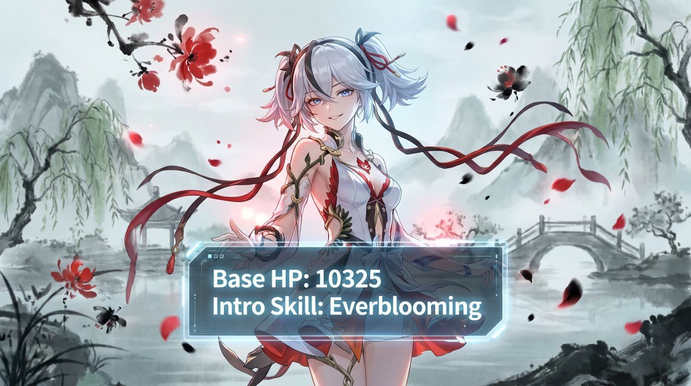 In a misty ink-wash garden, the Wuthering Waves Resonator who is the first featured 5-star of version 1.4 is shown. A small tactical display in the scene shows their 'Base HP' at Level 90 and the name of their 'Intro Skill'; both the numerical value and the name must be correct according to the game's official archive.