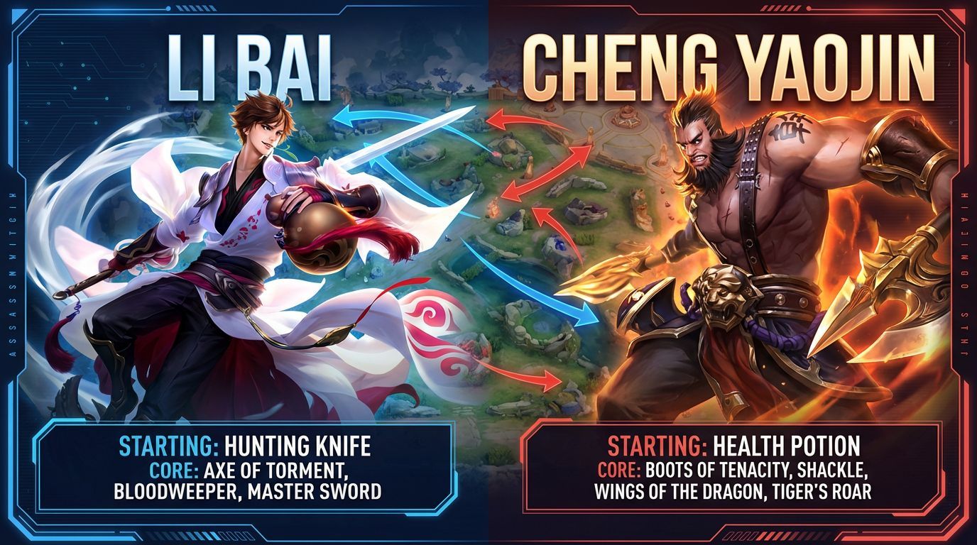 A beautifully designed, high-resolution esports infographic poster featuring the heroes Li Bai and Cheng Yaojin from the game Honor of Kings (Wangzhe Rongyao). The visual layout includes normal-sized, easy-to-read text panels showing their exact laning item builds, alongside a clear, large-scale laning strategy diagram with tactical routing arrows.