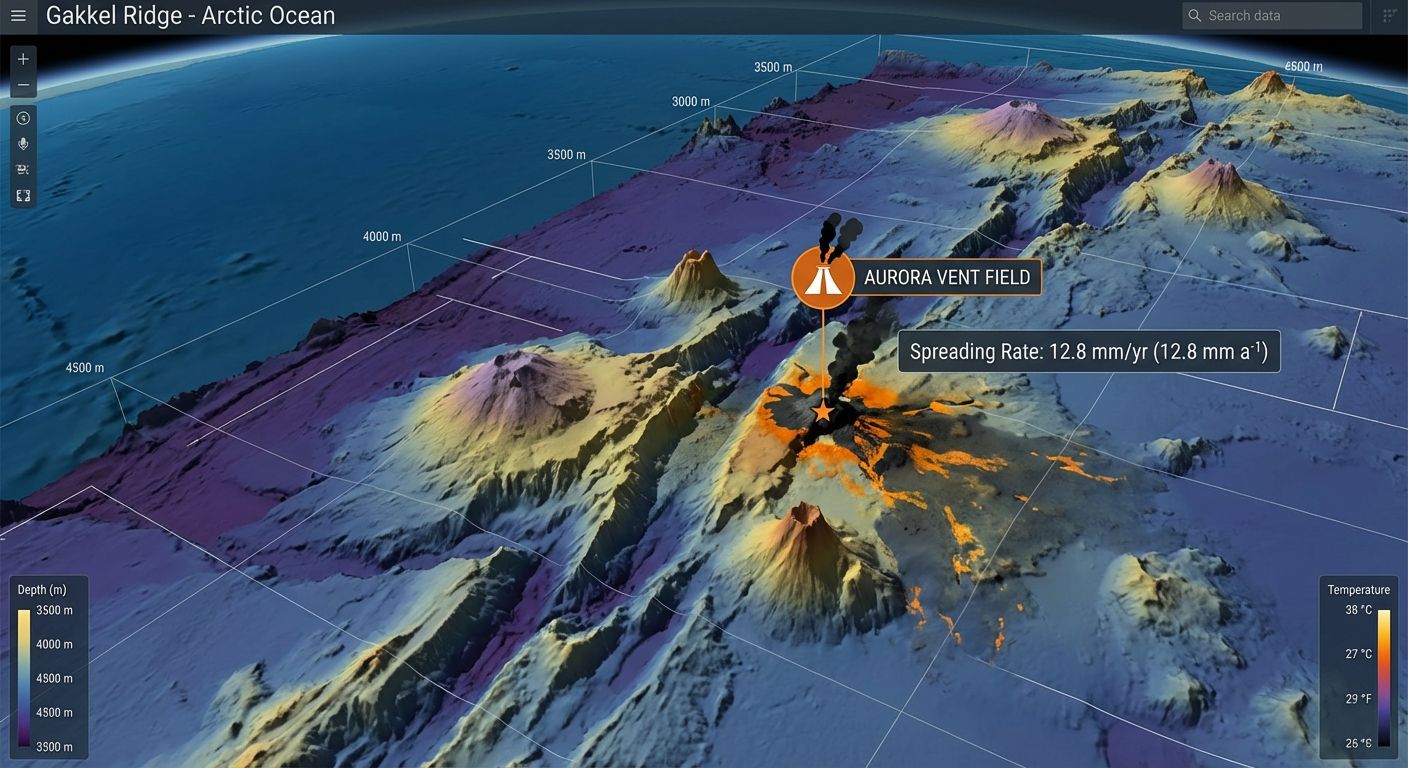 A scientific visualization of the 'Gakkel Ridge' showing its unique 'ultraslow-spreading' morphology; a data overlay identifies the specific annual spreading rate in millimeters and the name of the 'Aurora' hydrothermal vent field. The spreading rate and vent field name must match the most recent surveys.