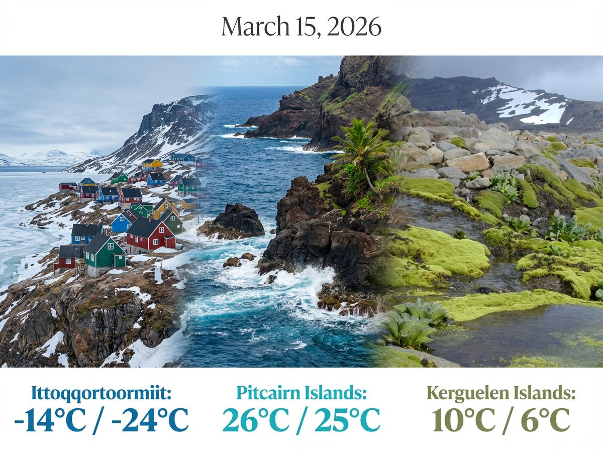 A cinematic, high-end travel infographic poster featuring the extreme landscapes of three highly remote places: the colorful wooden houses of Ittoqqortoormiit (Greenland), the rugged coast of the Pitcairn Islands, and the desolate tundra of the Kerguelen Islands. The scenes blend into one another organically. The layout features text displaying the location names, the date 'March 15, 2026', and their daily temperature ranges. The temperature numbers MUST be highly stylized, beautifully legible, and noticeably larger than the rest of the text. Both the visual features and the text must be completely correct.